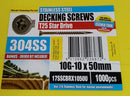 Decking Screws 10Gx50mm Stainless 304 T17 CSK Torx Drive- 1000 pc Bucket
