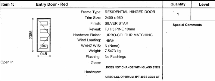 Red Aluminium Entry Door 945x2385 (On Behalf Pg 37) Keycode 5X3