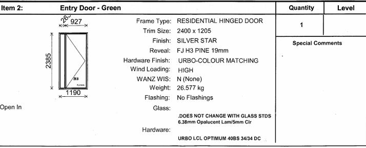 Green Aluminium Entry Door 1190x2385 (On Behalf) Keycode 5X2