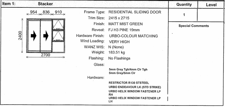 Mist Green Stacker Sliding Door 2400x2700 Double Glazed (On Behalf)